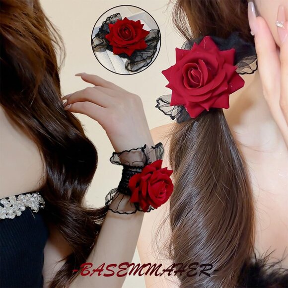 Gothic Rose Lace Gloves Lolita Hand Sleeve Black Lace Elastic Bracelet Wine Red - Picture 4 of 6